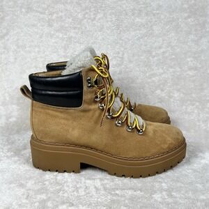 Marc Fisher Nairy Boot Womens 9M Tan Suede‎ Leather Shearling Lug Sole Hiking